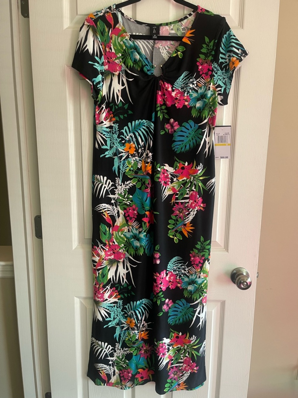 Violet B. Beach Wear Black Tropical Floral Maxi Dress with Pink & Green Accents